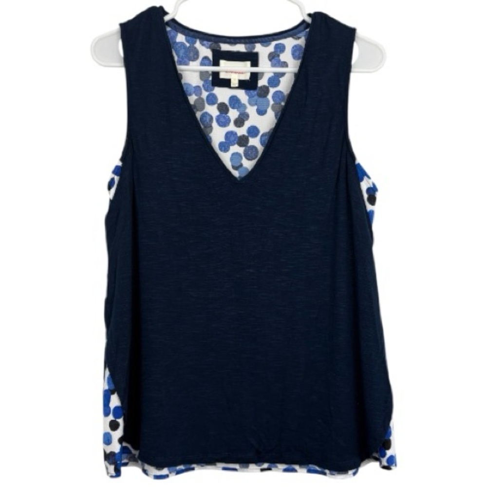 Anthropologie Deletta Navy Layered V-Neck Tank with Blue/White Dotted Trim